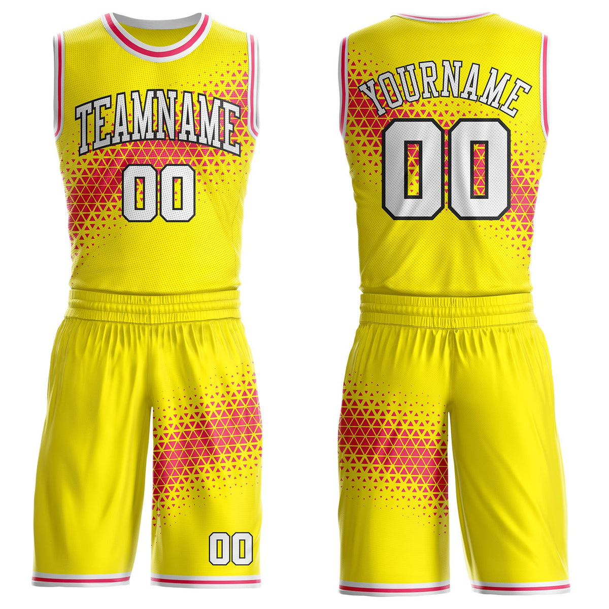 Custom Light Yellow White Neon Pink-Black Geometric Triangle Gradient Round Neck Sublimation Basketball Uniform Jersey