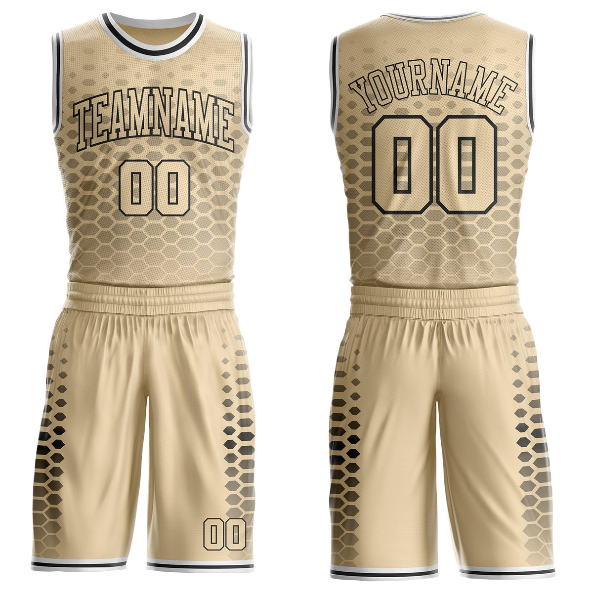 Custom City Cream Black-White Geometric Hexagon Gradient Round Neck Sublimation Basketball Uniform Jersey