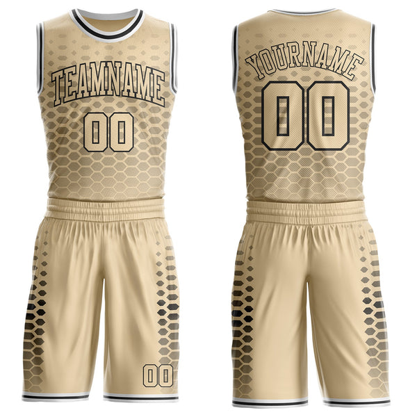 Custom City Cream Black-White Geometric Hexagon Gradient Round Neck Sublimation Basketball Uniform Jersey