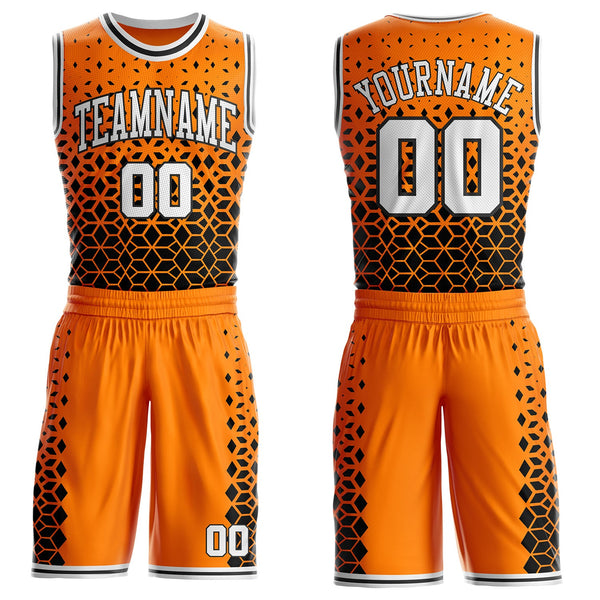 Custom Bay Orange White-Black Geometric Hexagon Gradient Round Neck Sublimation Basketball Uniform Jersey