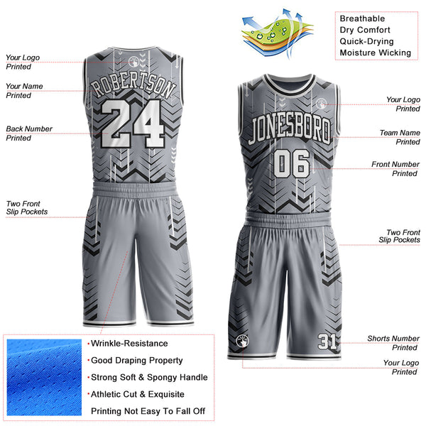 Custom Gray White-Black Geometric Chevron Pattern Round Neck Sublimation Basketball Uniform Jersey alternate