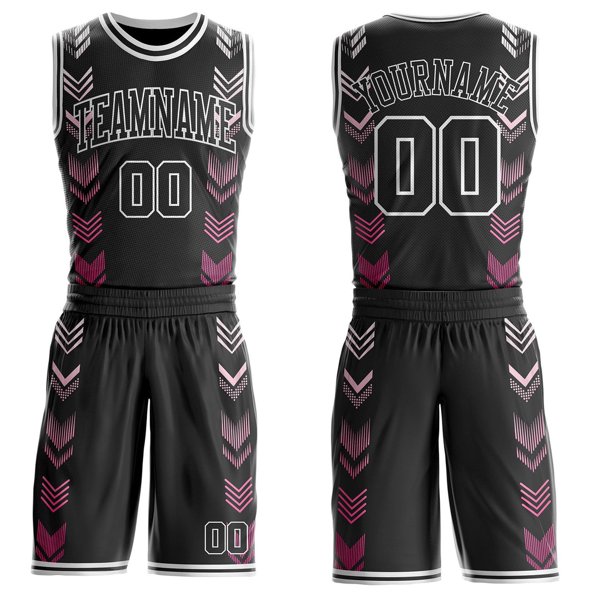 Custom Black-White Geometric Chevron Pattern Round Neck Sublimation Basketball Uniform Jersey