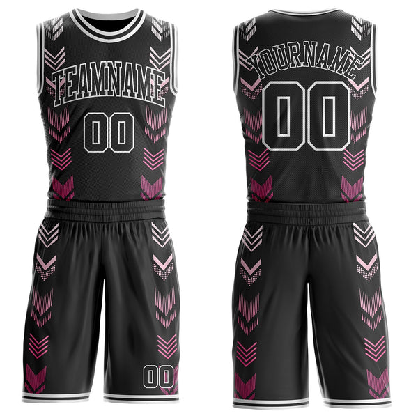 Custom Black-White Geometric Chevron Pattern Round Neck Sublimation Basketball Uniform Jersey