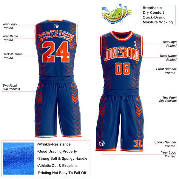 Custom US Navy Blue Orange-White Geometric Chevron Pattern Round Neck Sublimation Basketball Uniform Jersey alternate