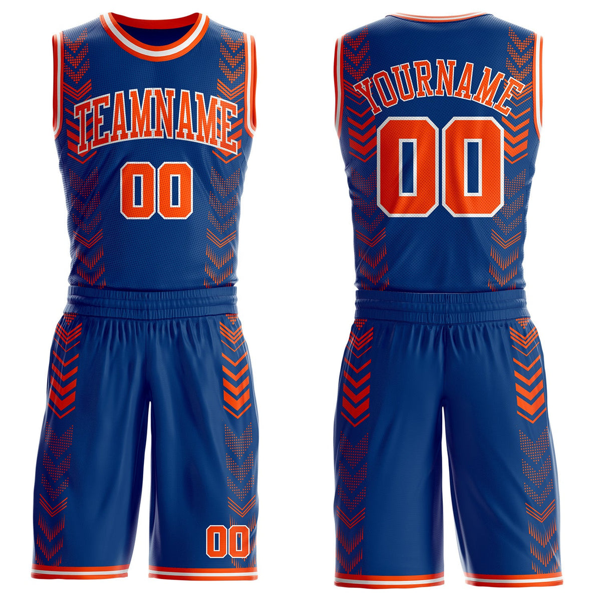 Custom US Navy Blue Orange-White Geometric Chevron Pattern Round Neck Sublimation Basketball Uniform Jersey