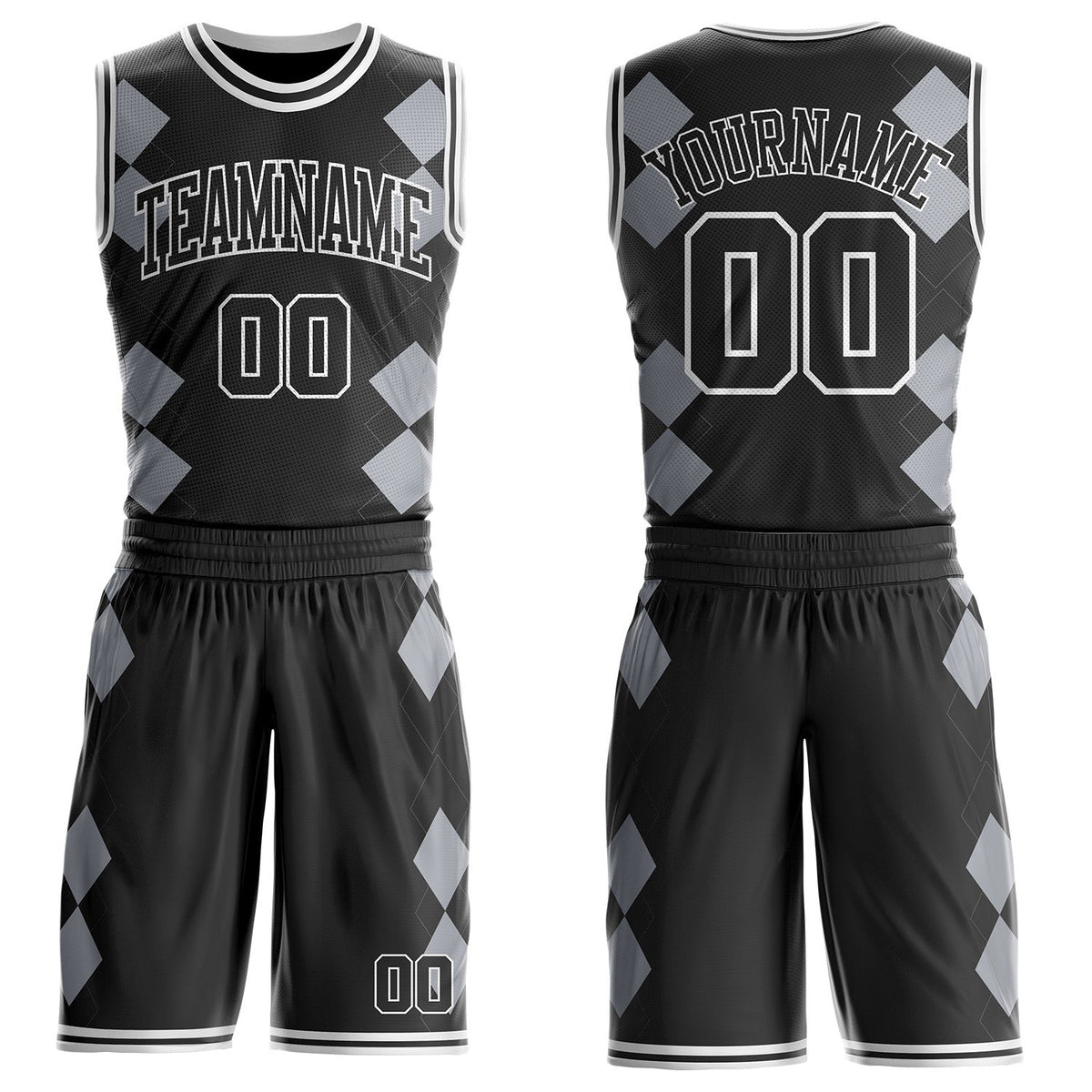 Custom Black Gray-White Geometric Diamond Grid Round Neck Sublimation Basketball Uniform Jersey