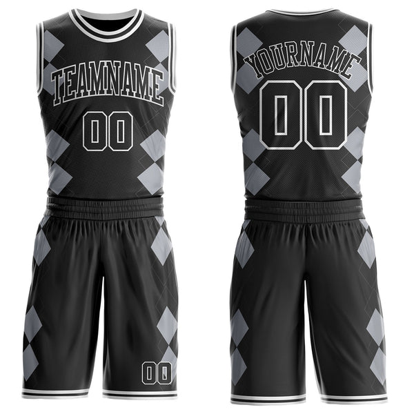 Custom Black Gray-White Geometric Diamond Grid Round Neck Sublimation Basketball Uniform Jersey