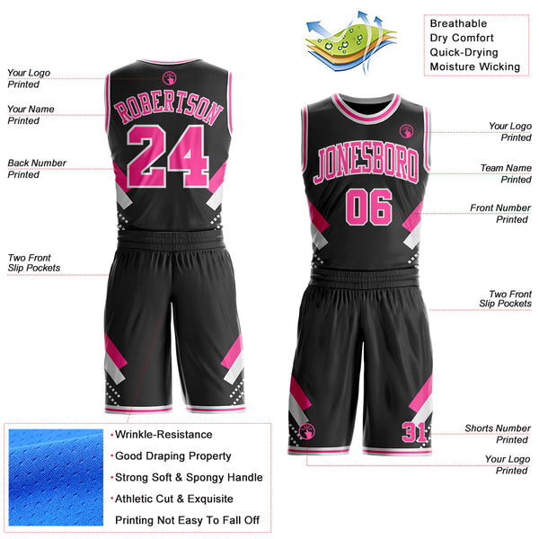 Custom Black Pink-White Geometric Stripes Round Neck Sublimation Basketball Uniform Jersey alternate