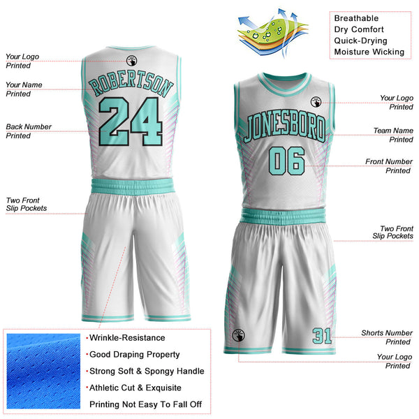 Custom White Ice Blue Hot Pink-Black Geometric Side Stripe Gradient Round Neck Sublimation Basketball Uniform Jersey alternate
