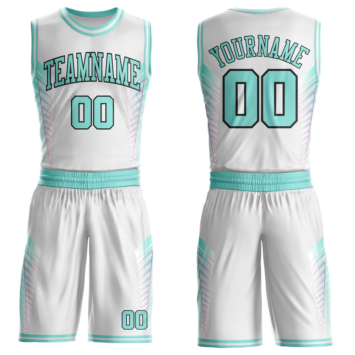 Custom White Ice Blue Hot Pink-Black Geometric Side Stripe Gradient Round Neck Sublimation Basketball Uniform Jersey