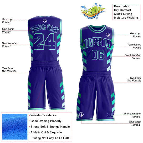 Custom Dark Purple-Ice Blue Geometric Side Stripe Gradient Round Neck Sublimation Basketball Uniform Jersey alternate