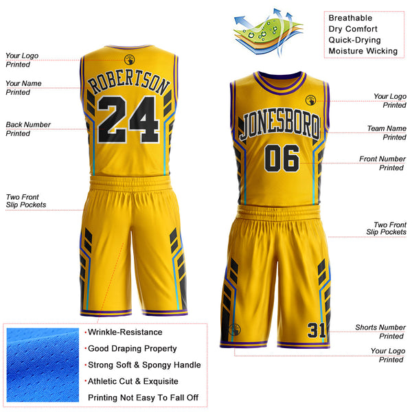 Custom Yellow Black White-Purple Geometric Side Stripe Gradient Round Neck Sublimation Basketball Uniform Jersey alternate