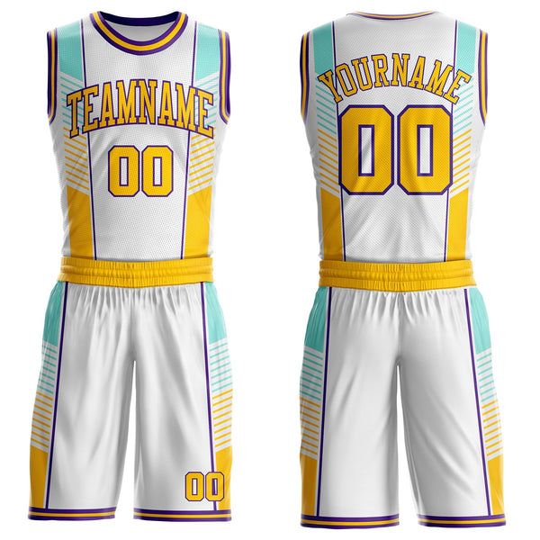 Custom White Yellow Lakes Blue-Purple Geometric Stripe Round Neck Sublimation Basketball Uniform Jersey