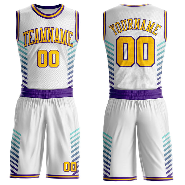 Custom White Yellow Purple-Lakes Blue Geometric Stripe Round Neck Sublimation Basketball Uniform Jersey