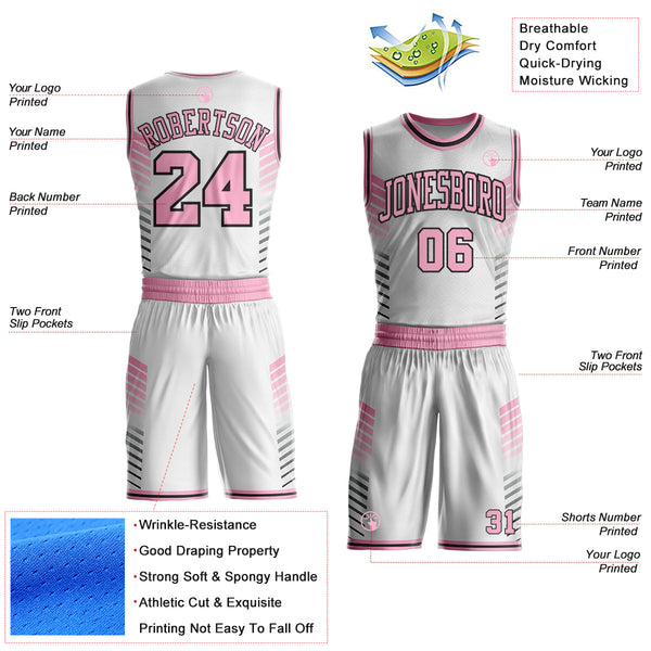 Custom White Light Pink-Black Geometric Stripe Round Neck Sublimation Basketball Uniform Jersey alternate