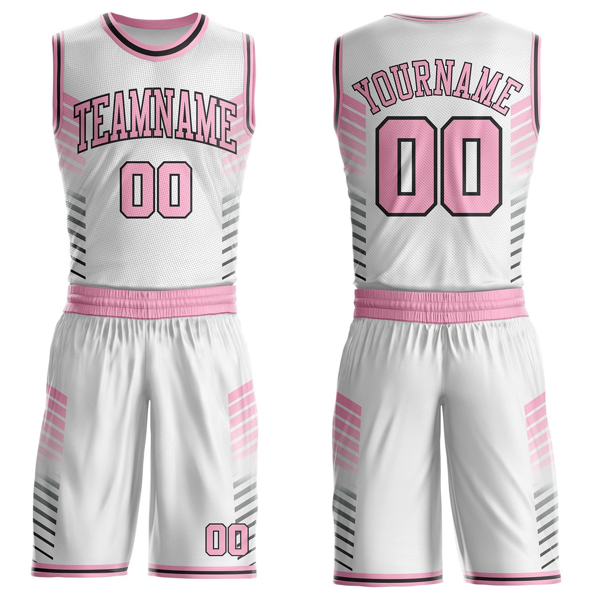 Custom White Light Pink-Black Geometric Stripe Round Neck Sublimation Basketball Uniform Jersey