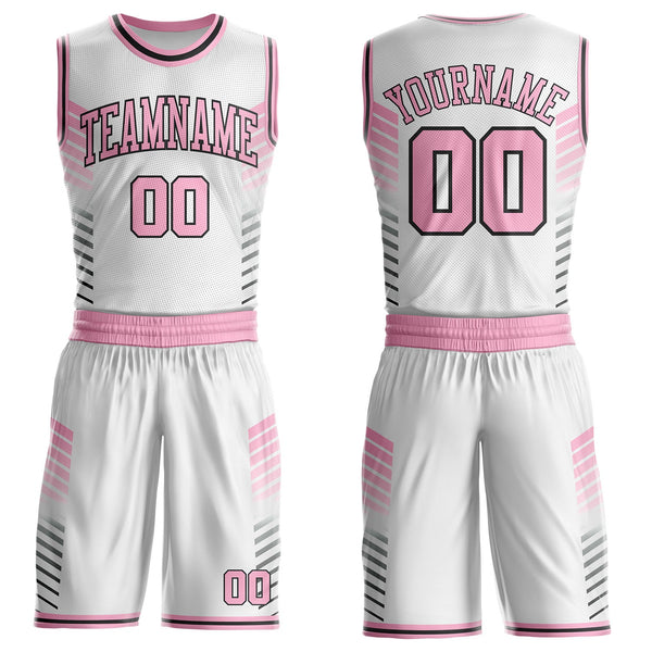 Custom White Light Pink-Black Geometric Stripe Round Neck Sublimation Basketball Uniform Jersey