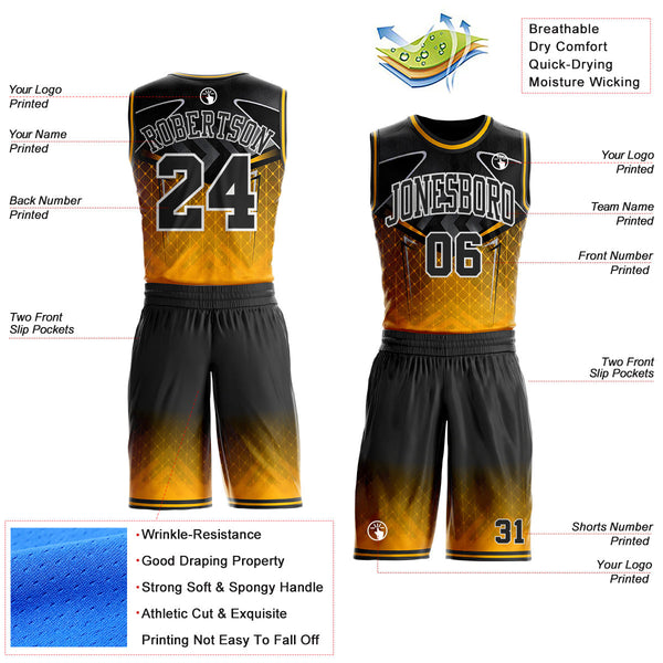 Custom Black Gold-White Geometric Diamond Gradient Round Neck Sublimation Basketball Uniform Jersey alternate