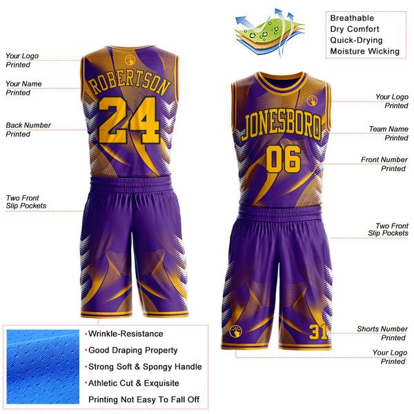 Custom Purple Gold-Black Wave Gradient Dot Round Neck Sublimation Basketball Uniform Jersey alternate