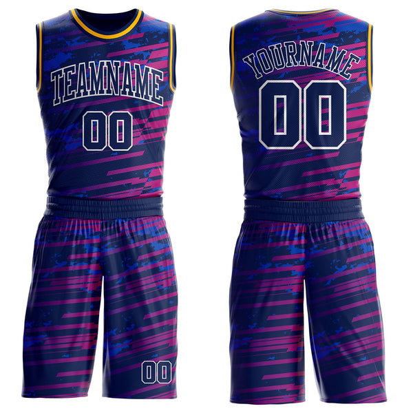 Custom Navy Hot Pink White-Gold Stripe Gradient Round Neck Sublimation Basketball Uniform Jersey
