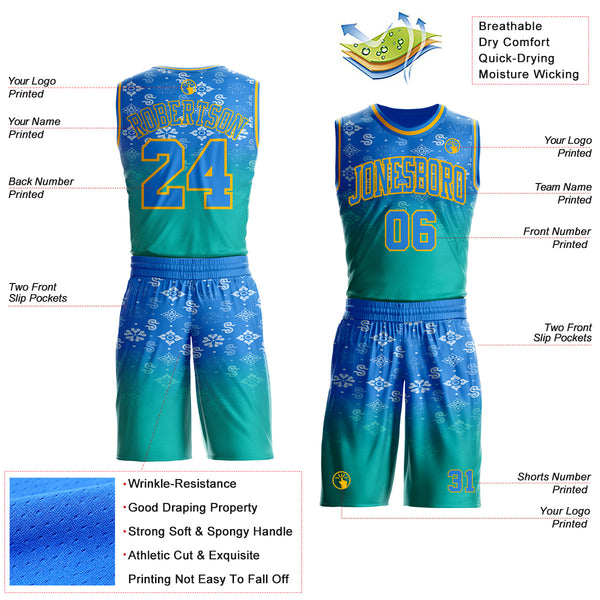 Custom Powder Blue Aqua-Gold Floral Texture Gradient Round Neck Sublimation Basketball Uniform Jersey alternate