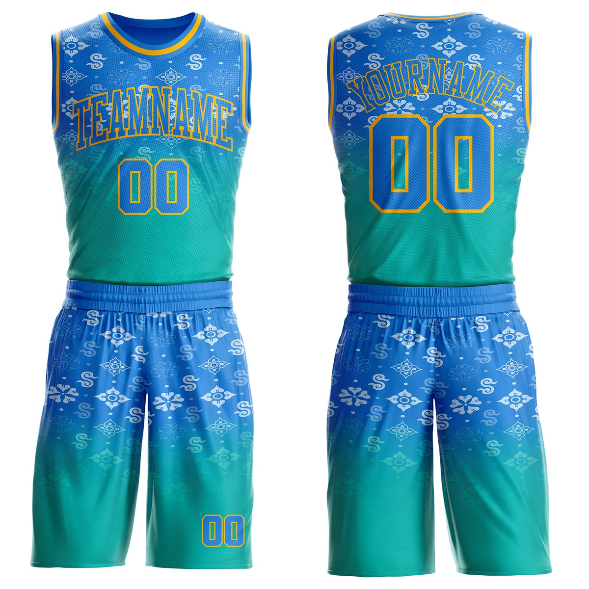 Custom Powder Blue Aqua-Gold Floral Texture Gradient Round Neck Sublimation Basketball Uniform Jersey