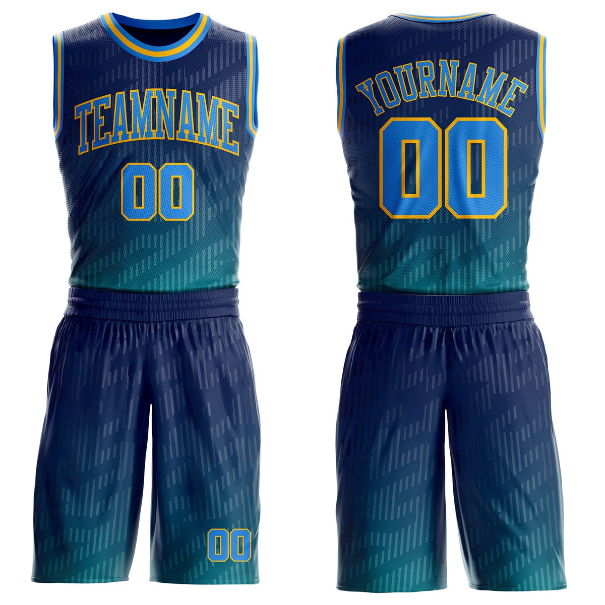 Custom Navy Powder Blue Aqua-Gold Stripe Gradient Round Neck Sublimation Basketball Uniform Jersey