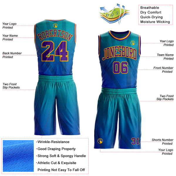 Custom Blue Purple Aqua-Gold Geometric Stripe Gradient Round Neck Sublimation Basketball Uniform Jersey alternate