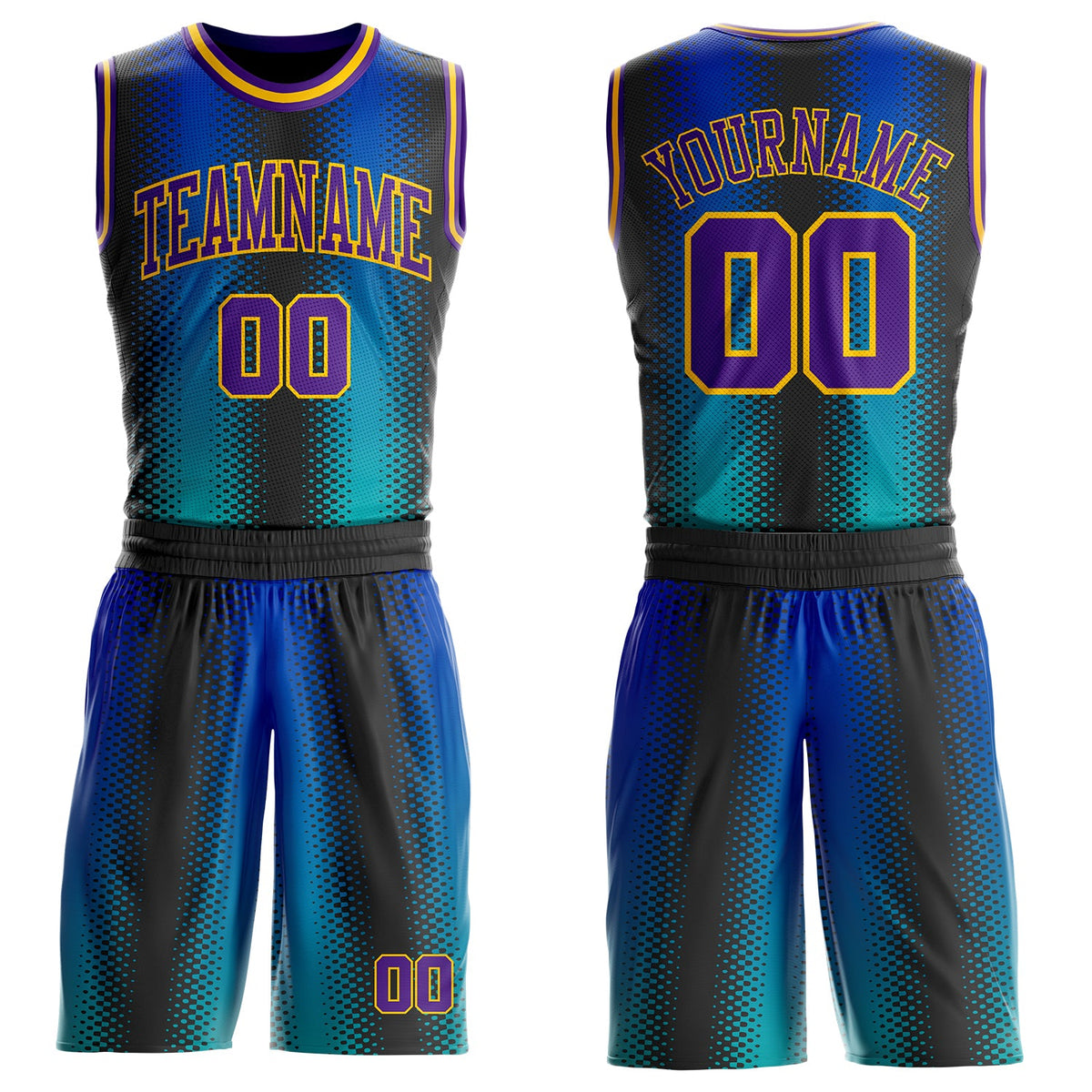 Custom Black Purple Blue-Gold Halftone Dot Texture Gradient Round Neck Sublimation Basketball Uniform Jersey