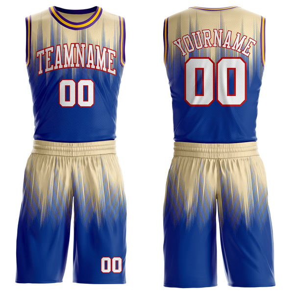 Custom Cream White Royal Red Purple-Gold Speed Line Gradient Round Neck Sublimation Basketball Uniform Jersey