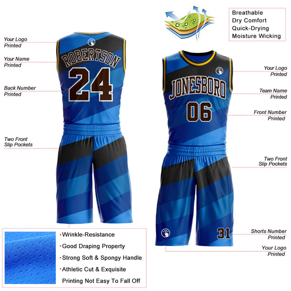 Custom Blue Brown Black White-Gold Diagonal Stripe Gradient Round Neck Sublimation Basketball Uniform Jersey alternate