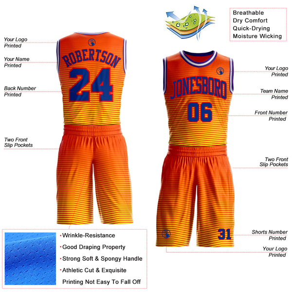 Custom Orange Royal Yellow Fire Red Purple-White Horizontal Stripe Gradient Round Neck Sublimation Basketball Uniform Jersey alternate