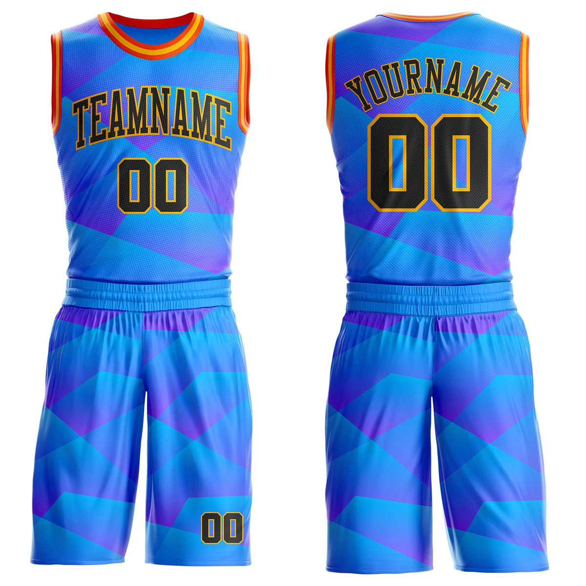Custom Blue Black Gold-Orange Geometric Gradient Round Neck Sublimation Basketball Uniform Jersey