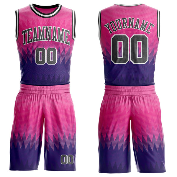 Custom Pink Steel Gray Purple White-Black Chevron Zigzag Gradient Round Neck Sublimation Basketball Uniform Jersey