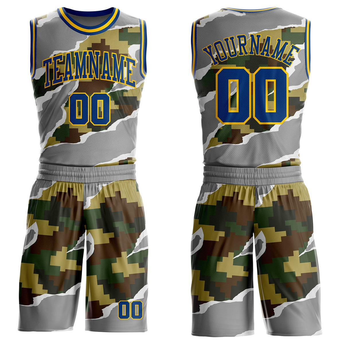Custom Camo US Navy Blue-Yellow Digital Camouflage Torn Paper Style Round Neck Sublimation Salute To Service Basketball Uniform Jersey