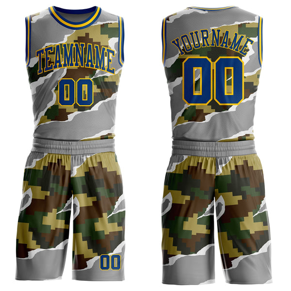 Custom Camo US Navy Blue-Yellow Digital Camouflage Torn Paper Style Round Neck Sublimation Salute To Service Basketball Uniform Jersey