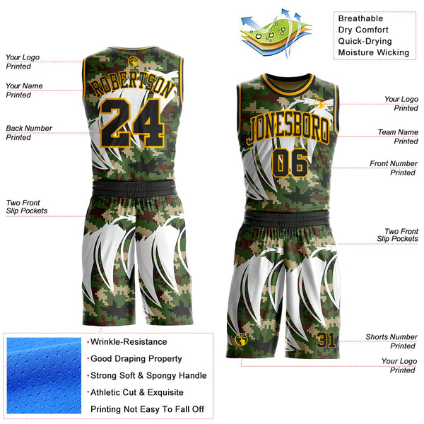Custom Camo Black-Gold Woodland Camouflage Claw Round Neck Sublimation Salute To Service Basketball Uniform Jersey alternate