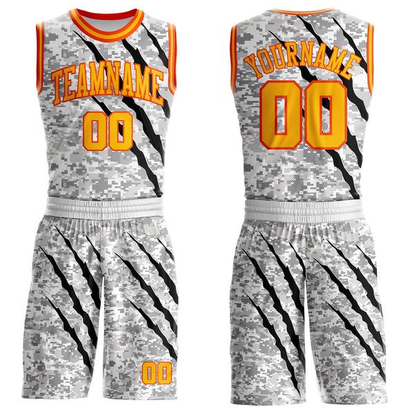 Custom Camo Gold-Orange Digital Camouflage Claw Scratch Round Neck Sublimation Salute To Service Basketball Uniform Jersey