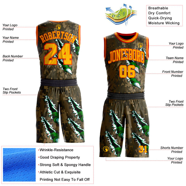 Custom Camo Gold-Orange Digital Camouflage Monster Claw Round Neck Sublimation Salute To Service Basketball Uniform Jersey alternate