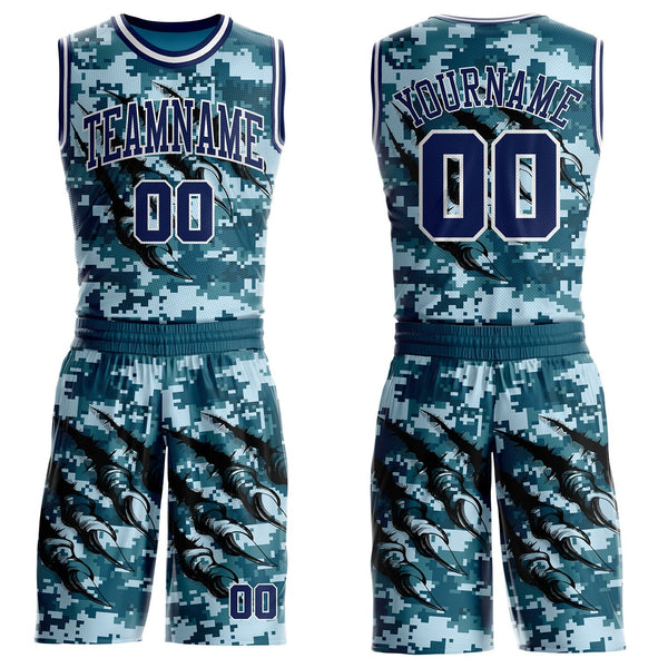 Custom Camo Navy-White Digital Camouflage Monster Claw Round Neck Sublimation Salute To Service Basketball Uniform Jersey