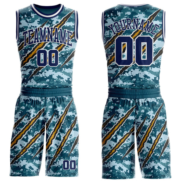 Custom Camo Navy-White Digital Camouflage Monster Claw Round Neck Sublimation Salute To Service Basketball Uniform Jersey