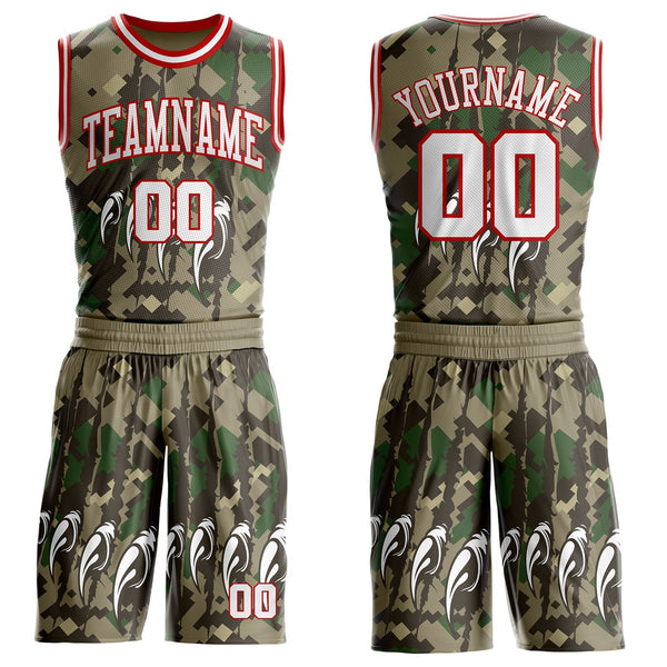 Custom Camo White-Red Digital Camouflage Monster Claw Round Neck Sublimation Salute To Service Basketball Uniform Jersey