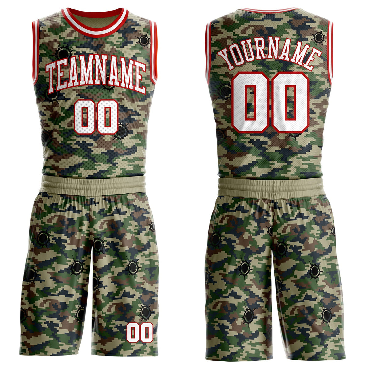 Custom Camo White-Red Woodland Camouflage Bullet Hole Round Neck Sublimation Salute To Service Basketball Uniform Jersey