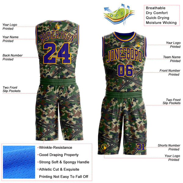 Custom Camo Dark Purple-Gold Woodland Camouflage Barbed Wire Round Neck Sublimation Salute To Service Basketball Uniform Jersey alternate