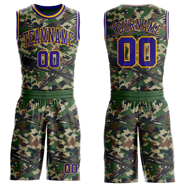 Custom Camo Dark Purple-Gold Woodland Camouflage Barbed Wire Round Neck Sublimation Salute To Service Basketball Uniform Jersey