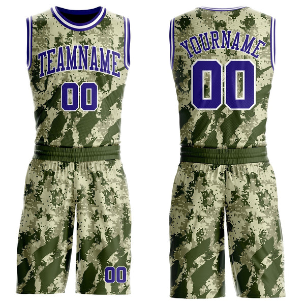 Custom Camo Dark Purple-White Digital Desert Camouflage Round Neck Sublimation Salute To Service Basketball Uniform Jersey