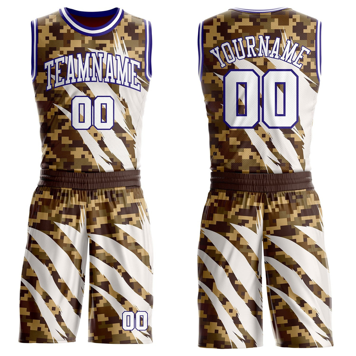 Custom Camo White-Dark Purple Desert Camouflage Claw Round Neck Sublimation Salute To Service Basketball Uniform Jersey