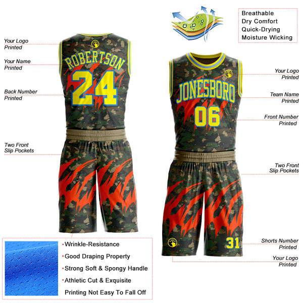 Custom Camo Light Yellow-Powder Blue Woodland Camouflage Claw Round Neck Sublimation Salute To Service Basketball Uniform Jersey alternate
