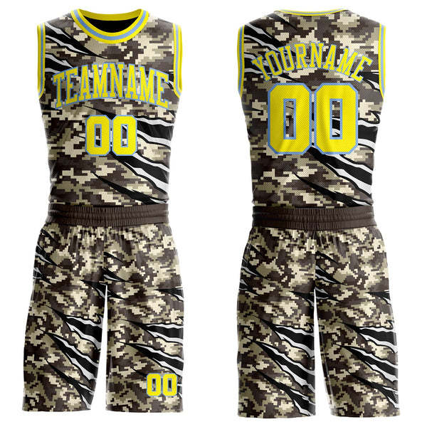 Custom Camo Light Yellow-Powder Blue Desert Camouflage Claw Round Neck Sublimation Salute To Service Basketball Uniform Jersey