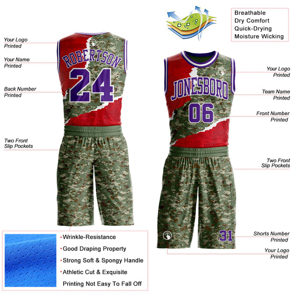 Custom Camo Purple-White Digital Camouflage Torn Paper Style Round Neck Sublimation Salute To Service Basketball Uniform Jersey alternate